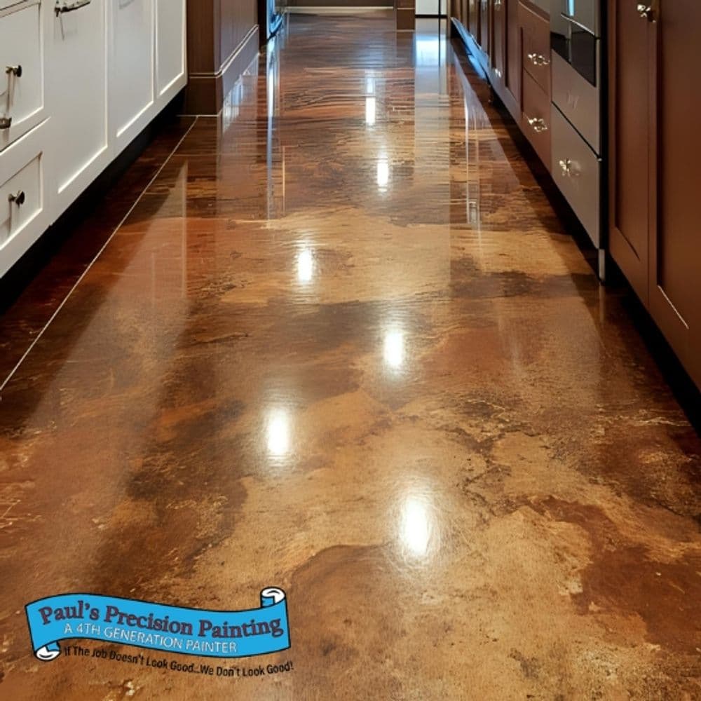 Stunning polished concrete kitchen floor showcasing a rich, glossy finish.