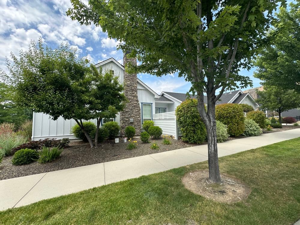 Charming residential home with landscaped yard and tree, showcasing vibrant greenery.
